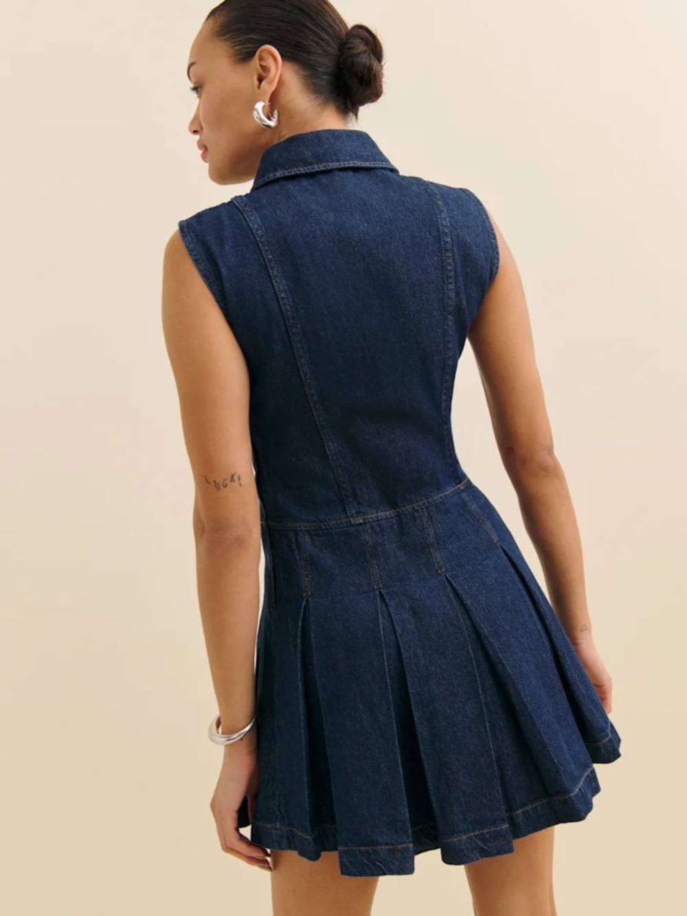 Reformation Dark Indigo Sleeveless Pleated Denim Mini Dress - Picture 3 of 9
